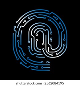 Blue gradient at symbol made of electronic circuit on a black background representing digital communication, online messaging and modern technology