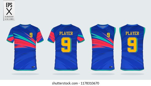 Blue gradient T-shirt sport design template for soccer jersey, football kit. Tank top for basketball jersey. Sport uniform in front and back view. Sport shirt mock up for sport club. Vector.