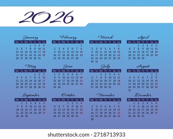 Blue gradient vector template new year calendar 2026