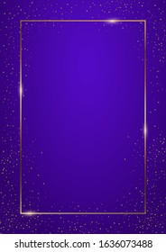Blue gradient vertical rectangle background vector illustration. Elegant colorful wallpaper design. Creative backdrop with thin geometric border and golden confetti. Glossy banner with copyspace