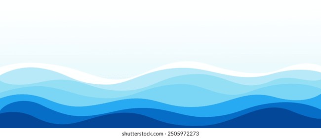 Blue gradient wave layer white background, wavy lines feeling of river, ocean or beach landscape with horizontal sky scene, abstract pattern template for cover, brochure, book, teaching.