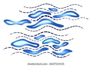 Blue gradient waves on white background. Water blue landscape vector illustration. Abstract background of different curved lines and shapes. Natural native decorative design element