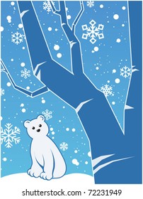 Blue gradient winter scenery with snow, a polar bear, tree, and snow flakes.