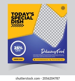 Blue gradient and yellow social media food banner for restaurants template