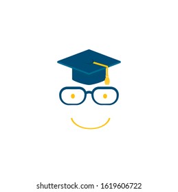 Blue graduate hat or hat with tassel, glasses flat design icon. Web sign isolated on a white background. Vector illustration Element uniform on graduation at the end of school.