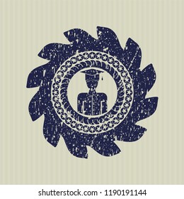 Blue graduated icon inside distress rubber stamp with grunge texture