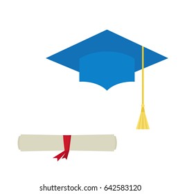 Blue  Graduation  Cap And Diploma  Scroll  Isolated On White  Background. Mortarboard  Flat Design Vector Illustration.