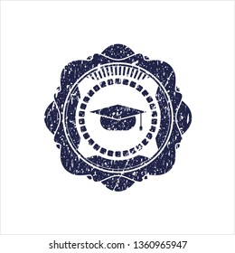 Blue graduation cap icon inside distressed rubber grunge texture stamp