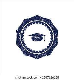 Blue graduation cap icon inside distressed grunge stamp