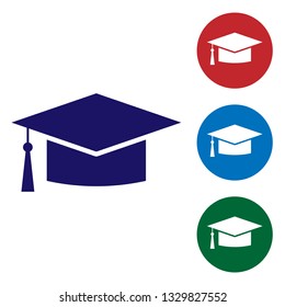 Blue Graduation cap icon isolated on white background. Graduation hat with tassel icon. Set color icon in circle buttons. Vector Illustration