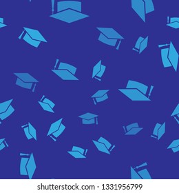 Blue Graduation cap icon isolated seamless pattern on blue background. Graduation hat with tassel icon. Vector Illustration