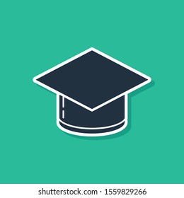 Blue Graduation cap icon isolated on green background. Graduation hat with tassel icon.  Vector Illustration