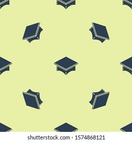 Blue Graduation cap icon isolated seamless pattern on yellow background. Graduation hat with tassel icon.  Vector Illustration