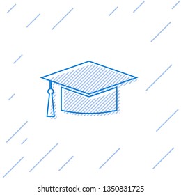 Blue Graduation cap line icon isolated on white background. Graduation hat with tassel icon. Vector Illustration