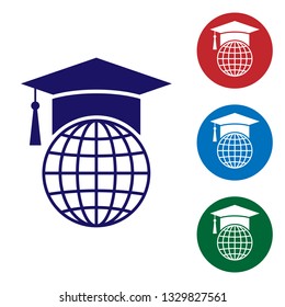 Blue Graduation cap on globe icon isolated on white background. World education symbol. Online learning or e-learning concept. Set color icon in circle buttons. Vector Illustration