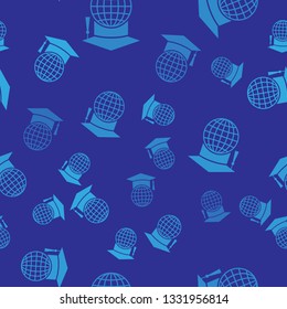 Blue Graduation cap on globe icon isolated seamless pattern on blue background. World education symbol. Online learning or e-learning concept. Vector Illustration