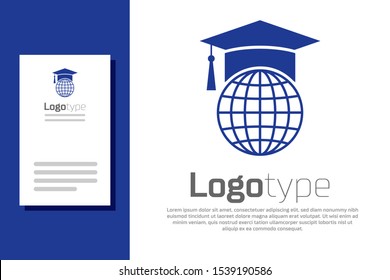 Blue Graduation cap on globe icon isolated on white background. World education symbol. Online learning or e-learning concept. Logo design template element. Vector Illustration