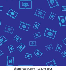 Blue Graduation cap on screen laptop icon isolated seamless pattern on blue background. Online learning or e-learning concept. Vector Illustration