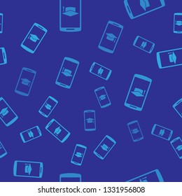 Blue Graduation cap on screen smartphone icon isolated seamless pattern on blue background. Online learning or e-learning concept. Vector Illustration