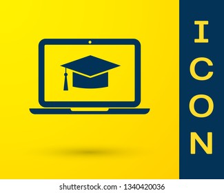 Blue Graduation cap on screen laptop icon isolated on yellow background. Online learning or e-learning concept. Vector Illustration