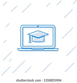 Blue Graduation cap on screen laptop line icon isolated on white background. Online learning or e-learning concept. Vector Illustration