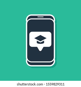 Blue Graduation cap on screen smartphone icon isolated on green background. Online learning or e-learning concept.  Vector Illustration