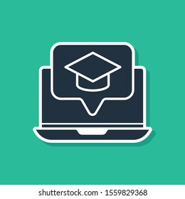Blue Graduation cap on screen laptop icon isolated on green background. Online learning or e-learning concept.  Vector Illustration