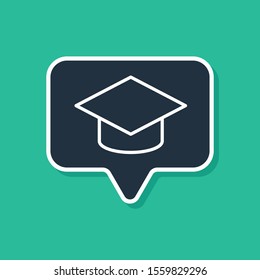 Blue Graduation cap in speech bubble icon isolated on green background. Graduation hat with tassel icon.  Vector Illustration