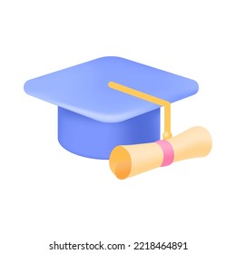 Blue graduation hat with rolled scroll 3D icon. Graduation cap with tassel, certificate or diploma 3D vector illustration on white background. Success, achievement, graduation, education concept