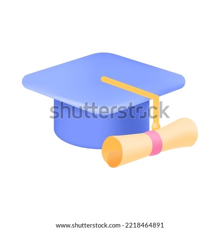 Blue graduation hat with rolled scroll 3D icon. Graduation cap with tassel, certificate or diploma 3D vector illustration on white background. Success, achievement, graduation, education concept