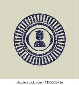 Blue graduation icon inside distressed with rubber seal texture