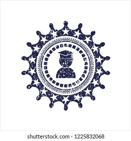 Blue graduation icon inside distressed rubber texture