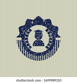 Blue graduation icon inside distressed rubber grunge texture seal