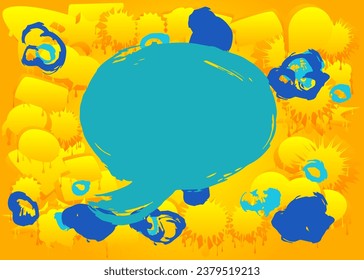 Blue Graffiti speech bubble on yellow background. Abstract modern Messaging sign street art decoration, Discussion icon performed in urban painting style.