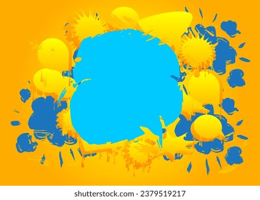 Blue Graffiti speech bubble on yellow background. Abstract modern Messaging sign street art decoration, Discussion icon performed in urban painting style.