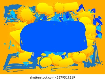 Burbuja del discurso del Graffiti Azul sobre fondo amarillo. Resumen moderno Mensajería señas decoración de arte callejero, Icono de discusión realizado al estilo de pintura urbana.