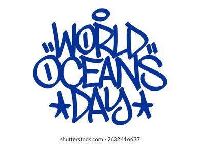 Blue graffiti tag “World Oceans Day” lettering with transparent background. Vibrant urban style, perfect for marine awareness, ocean conservation, and environmental design projects.