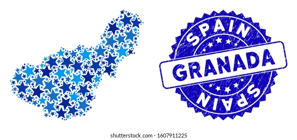 Blue Granada Province map composition of stars, and distress rounded stamp seal. Abstract geographic scheme in blue color tones. Vector Granada Province map is organized of blue stars.