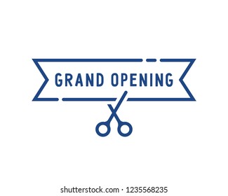 blue grand opening thin line icon. concept of linear invite congratulation for client of restaurant or cafe. flat stroke celebrate logotype and ad template graphic art isolated on white background