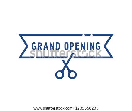 blue grand opening thin line icon. concept of linear invite congratulation for client of restaurant or cafe. flat stroke celebrate logotype and ad template graphic art isolated on white background