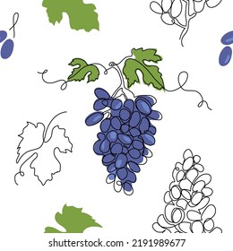 Blue grape bunch vector pattern, print, wallpaper, texture. One single line art drawing. Grape pattern for label design of juice or wine.