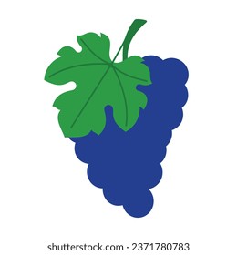 Blauer Traubenstrauß. Einfache Illustration einer Frucht mit einem großen grünen Blatt. Minimalistische Vektorgrafik, stilisiertes Symbol. Das Beste für Banner, Design, Layout und Paket