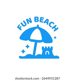 Blue graphic of a beach umbrella, sandcastle, and the words "FUN BEACH