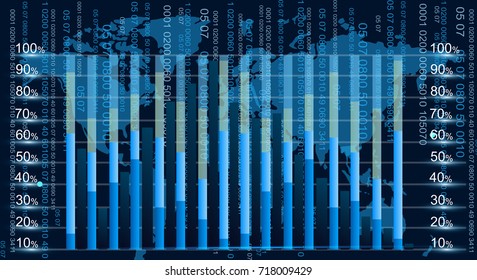 Blue graphic equalizer display vector illustration with copy space. Business diagram in flat style with world map on background.