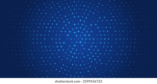 Blue graphic gradient background with glowing geometric stars. Futuristic digital texture with pixelated geometric elements. Abstract vector illustration.