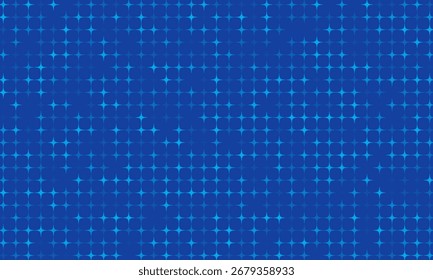 Blue graphic halftone background with glowing geometric stars. Futuristic digital texture with pixelated geometric elements. Abstract futuristic vector illustration.