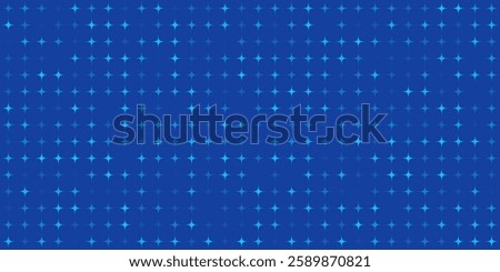 Blue graphic halftone background with glowing geometric stars. Futuristic digital texture with pixelated geometric elements. Abstract futuristic vector illustration.