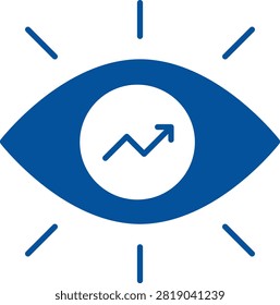 A blue graphic icon of an eye containing an upward trending financial chart symbol inside the pupil, representing market vision and growth.