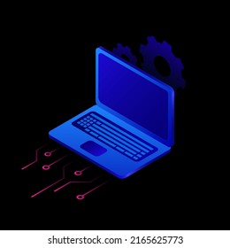 Blue Graphic Laptop. Isolated Futuristic PC on Black Background. Vector illustration