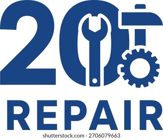 Un logotipo gráfico azul con el número 20, una llave inglesa, un martillo y un engranaje, que simboliza la reparación y la industria.
